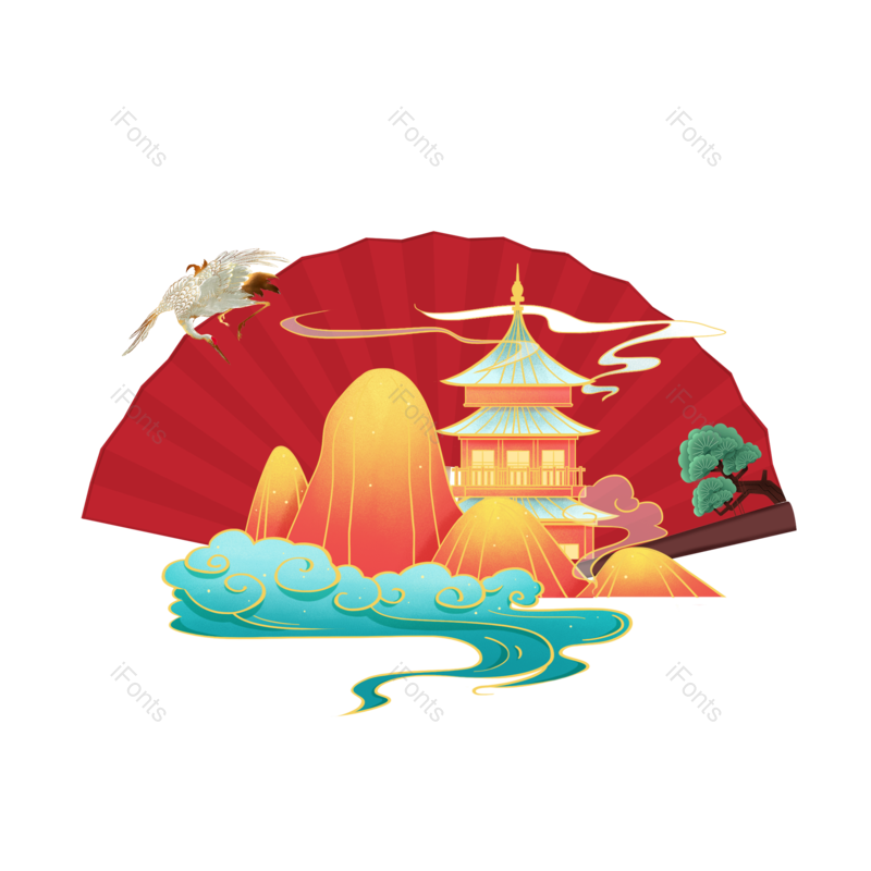 中国图片,扇子元素,建筑PNG,手绘免抠素材